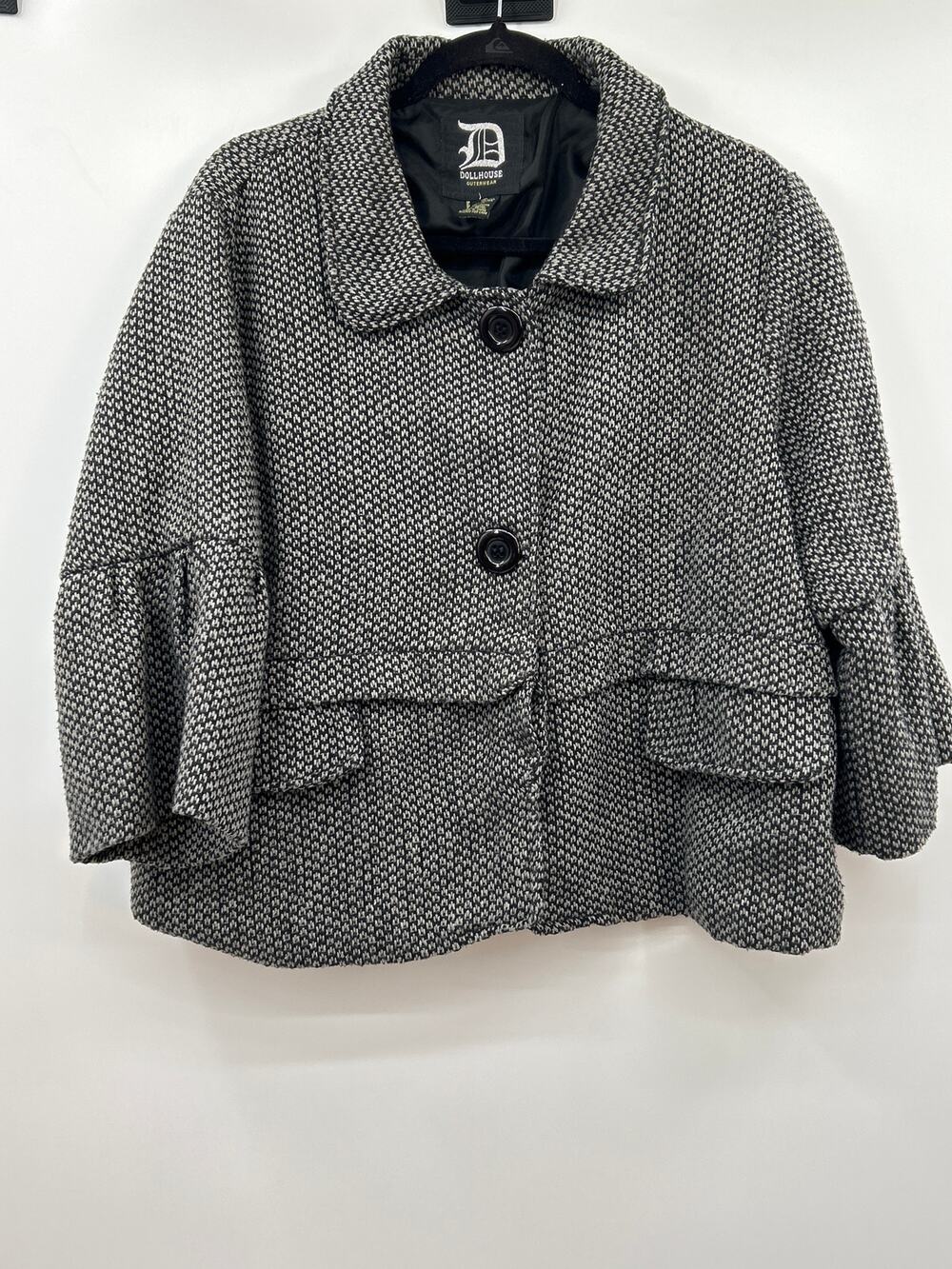 Dollhouse Outerwear Jacket Womens Size 2X Black Tweed Crop Coat Peplum Pockets